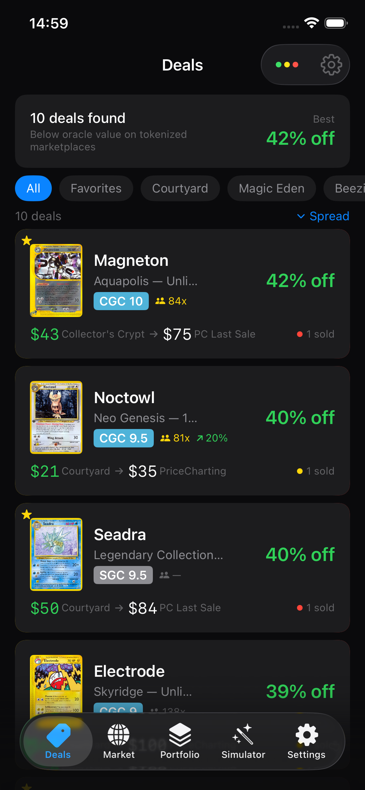 SlabClaw Deals view — underpriced cards across tokenized marketplaces
